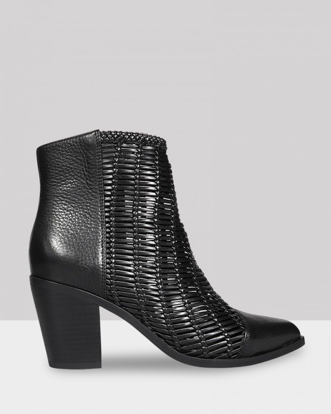 Wittner Watts Black Woven Leather Block Heel Ankle Boot