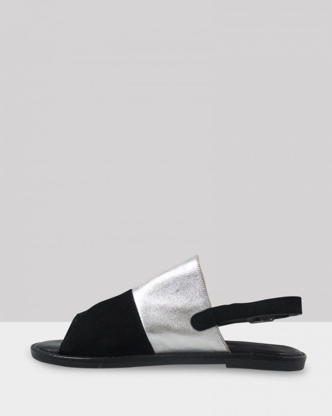 Wittner Kora Black Suede & Silver Leather Sling back Open Toe Sandal