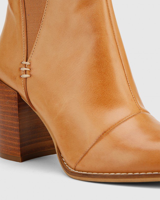 Wittner Honesty Tan Leather Elasticated Gusset Block Heel Ankle Boot