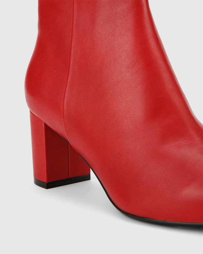 Wittner Deja Red Leather Block Heel Point Toe Ankle Boot
