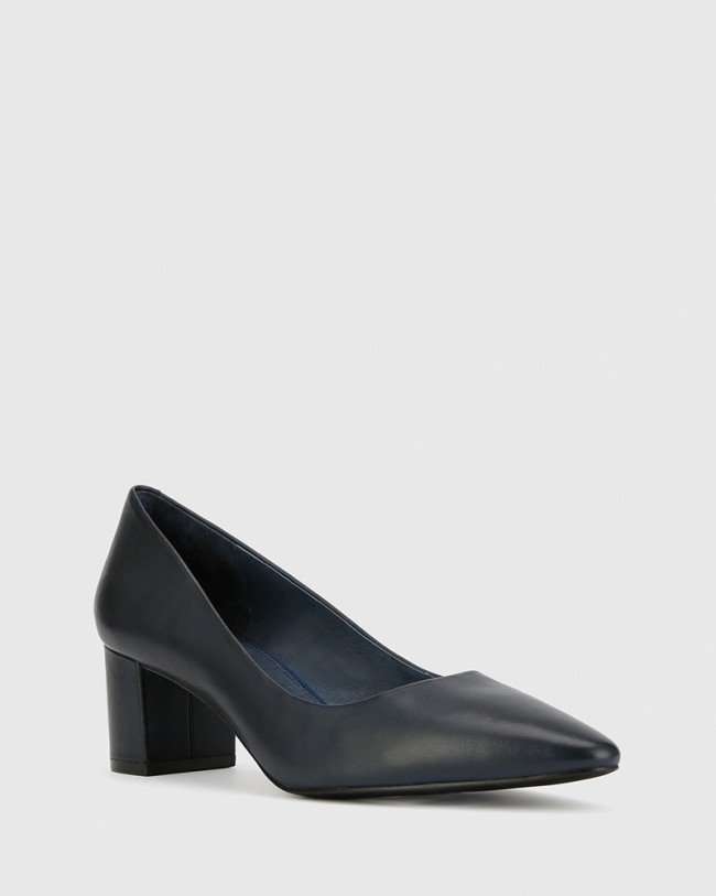 Wittner Liona Navy Leather Pointed Toe Mid Heel
