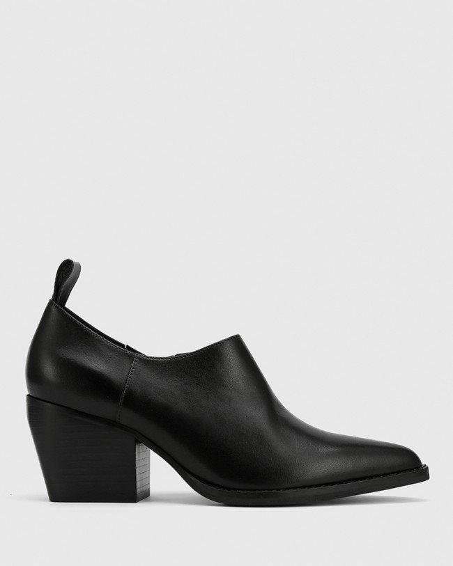 Wittner Keisha Black Leather Pointed Toe Block Heel Bootie