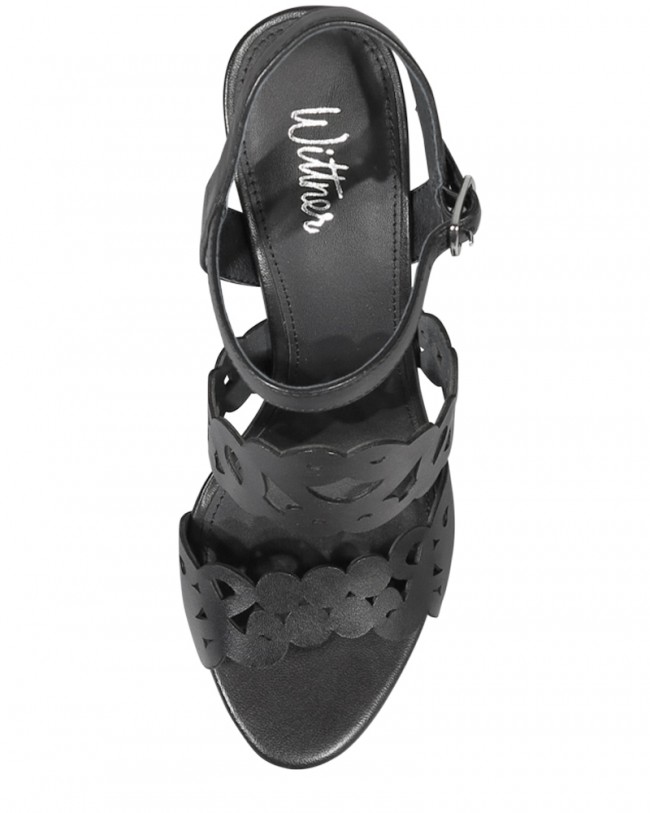 Wittner Reanna Black Leather Perforated Block Heeled Sandal