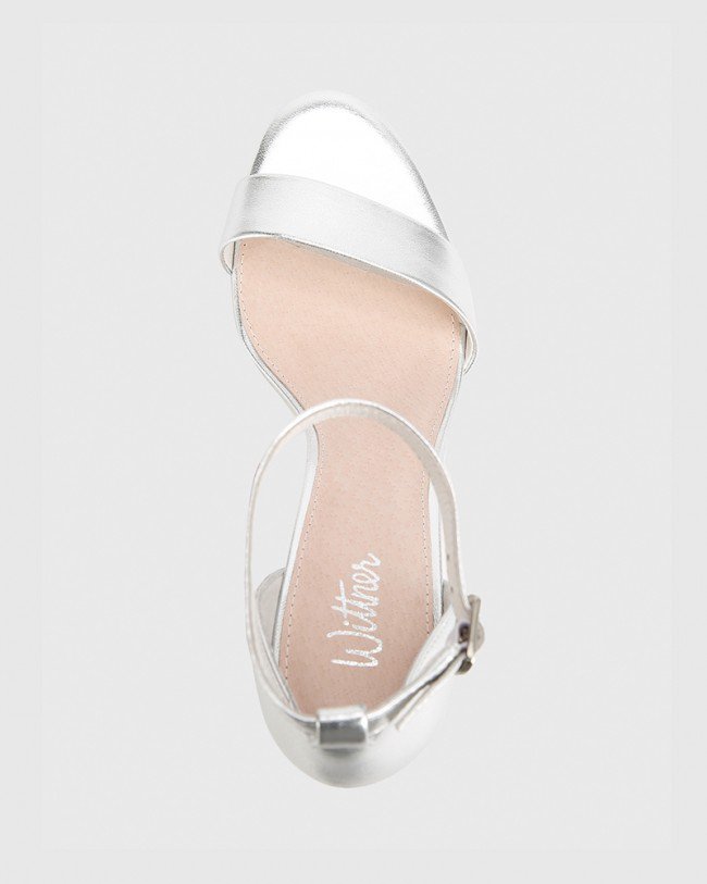 Wittner Imina Silver Leather Ankle Strap Stiletto Heel Sandal