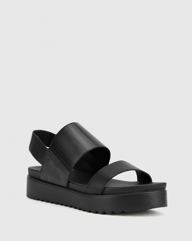 Wittner Grazia Black Leather & Elastic Flatform Sandal