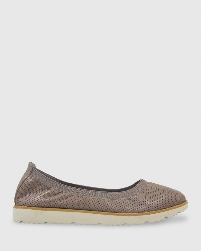 Wittner Glennis Stone Leather Perforated Elasticated Ballet Flat