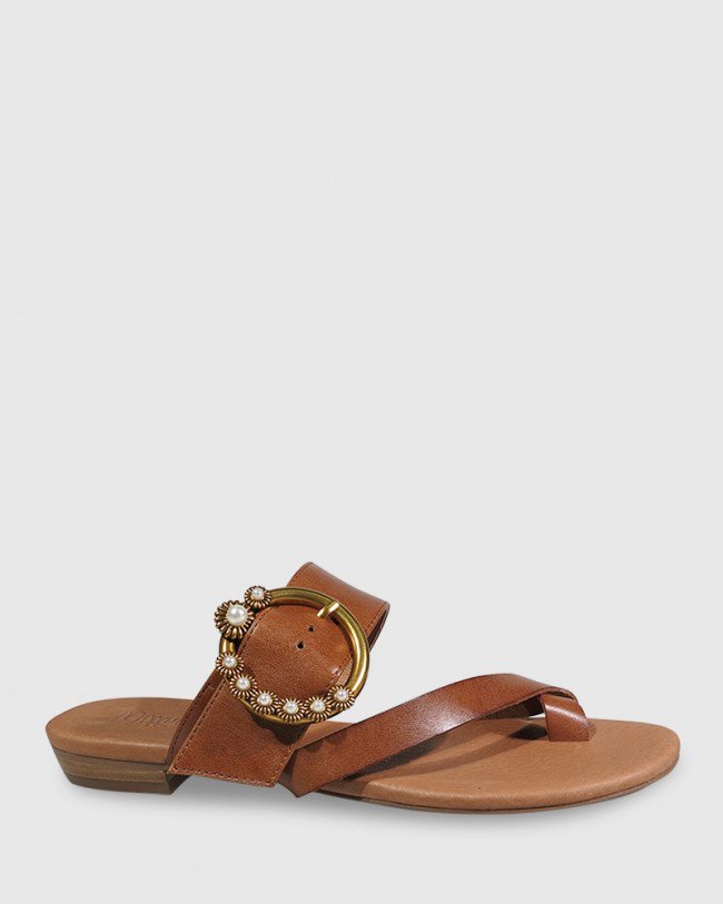 Wittner Sylvia Cognac Leather Gold Buckle Detail Flat Slide