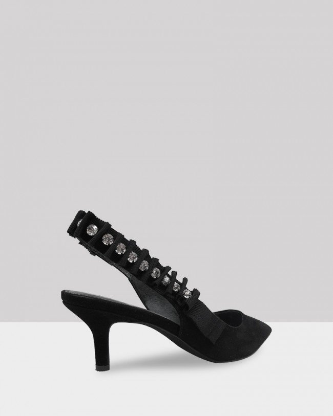 Wittner Naila Black Suede Diamonte Slingback Kitten Heel