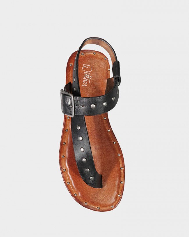 Wittner Flint Black Leather Stud Flat Sandal
