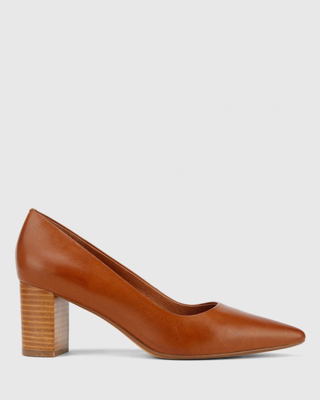 Wittner Dalena Dark Cognac Scotch Leather Block Heel Pointed Toe