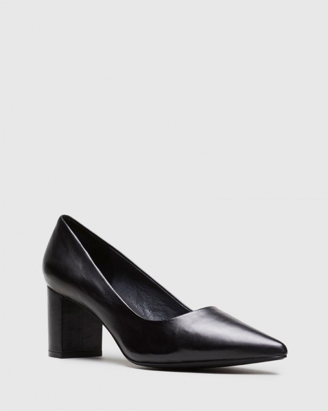 Wittner Dalena Black Leather Pointed Closed Toe Block Mid Heel