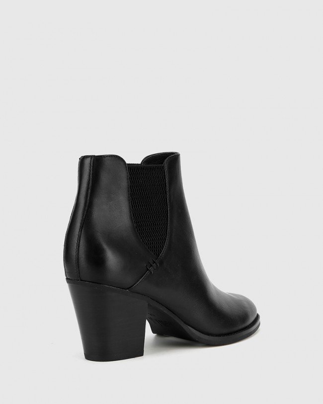 Wittner Kessie Black Leather Round Toe Stack Heel Ankle Boot