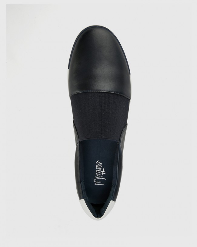 Wittner Ashton Navy Leather Elastic Gusset Slip On Flat