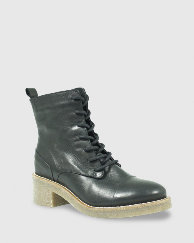 Wittner Khloe Black Leather Round Toe Block Heel Lace Up Ankle Boot