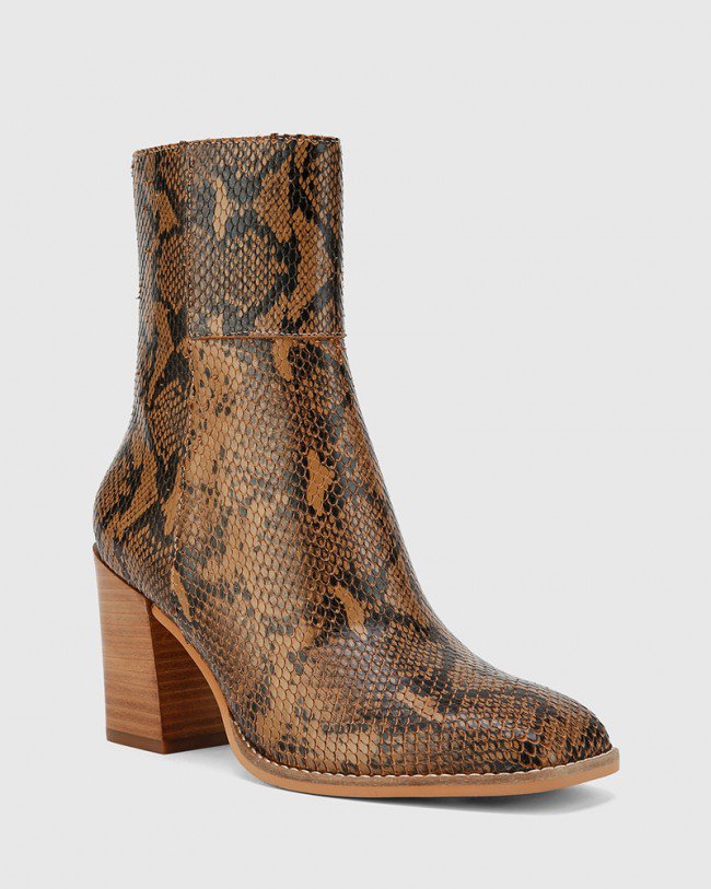 Wittner Sahara Snake Printed Leather Block Heel Ankle Boot