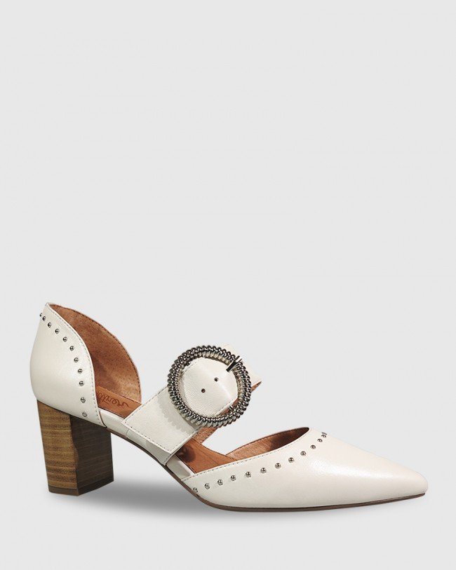 Wittner Dianella Ivory Leather Silver Buckle Detail Block Heel