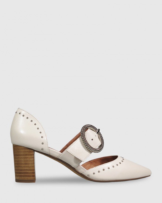 Wittner Dianella Ivory Leather Silver Buckle Detail Block Heel