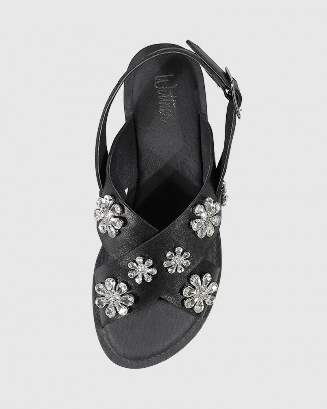 Wittner Elanna Black Leather Diamonte Flower Detail Flat Sandal