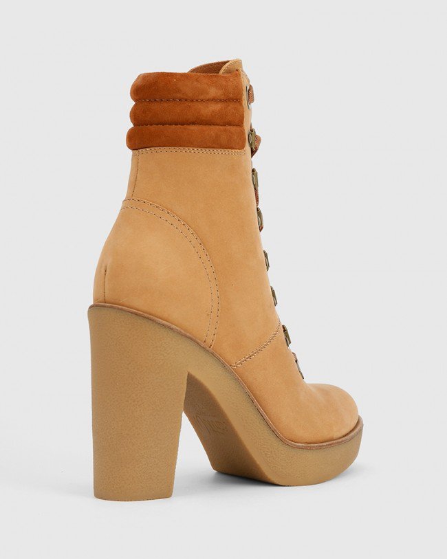 Wittner Vickie Caramel Leather Block Heel Lace Up Ankle Boot