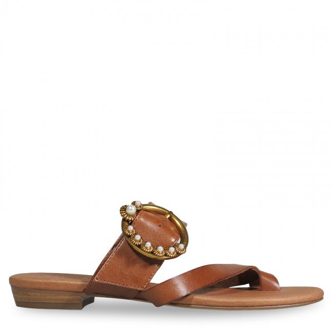Wittner Sylvia Cognac Leather Gold Buckle Detail Flat Slide