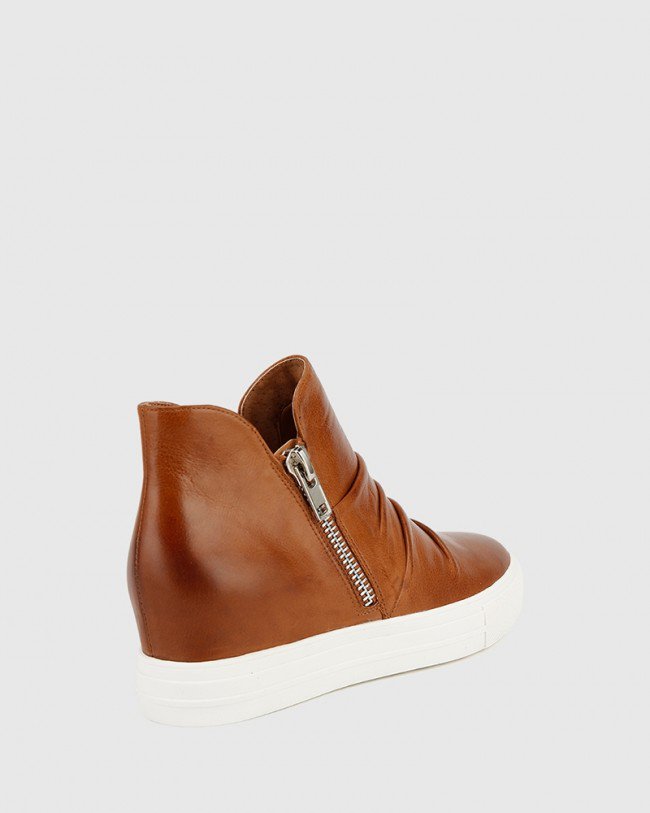 Wittner Savino Tan Leather Zip Concealed Wedge High Top Sneaker