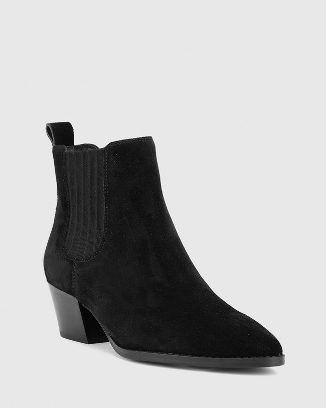 Wittner Kyrone Black Suede Leather Block Heel Point Toe Boot