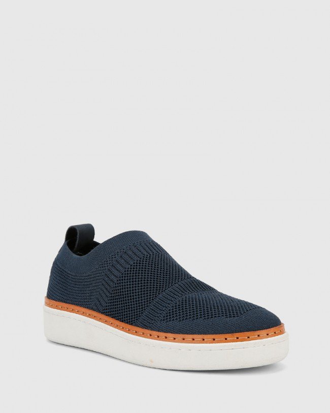 Wittner Griffin Navy Stretch Knit & Nubuck Leather Pull On Sneaker
