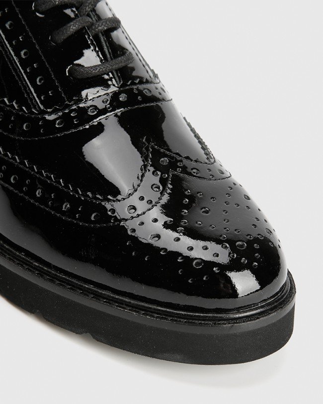 Wittner Dexley Black Patent Leather Wingtip Lace Up Brogue