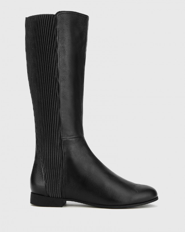 Wittner Drue Black Leather Stretch Knit Gusset Round Toe Long Boot