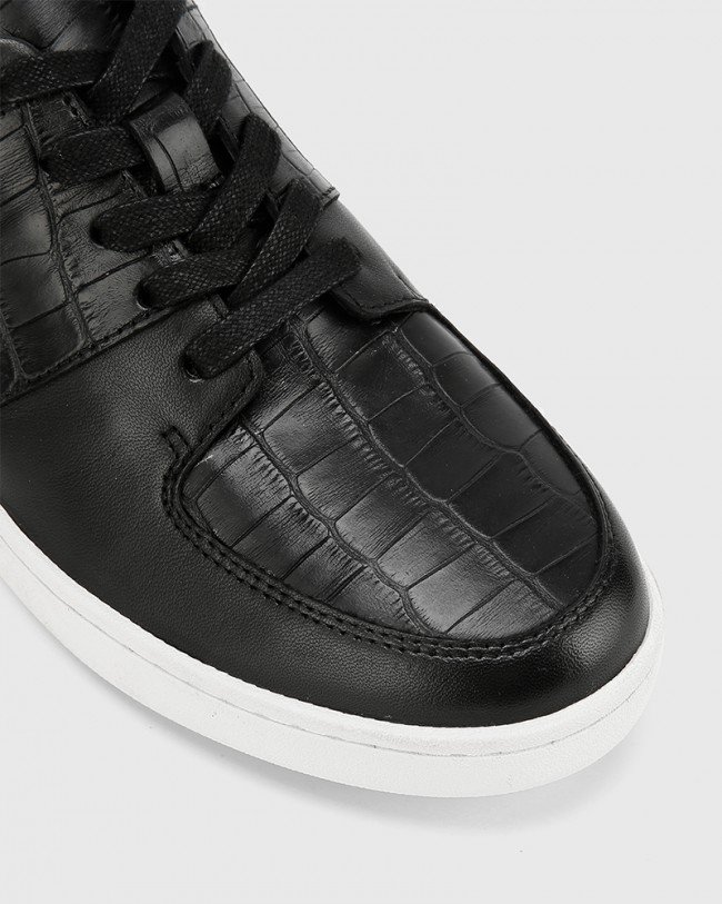 Wittner Gino Black Smooth Croc Leather Lace Up Sneaker