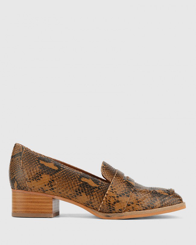 Wittner Fentis Camel Snake Print Leather Block Heel Square Toe