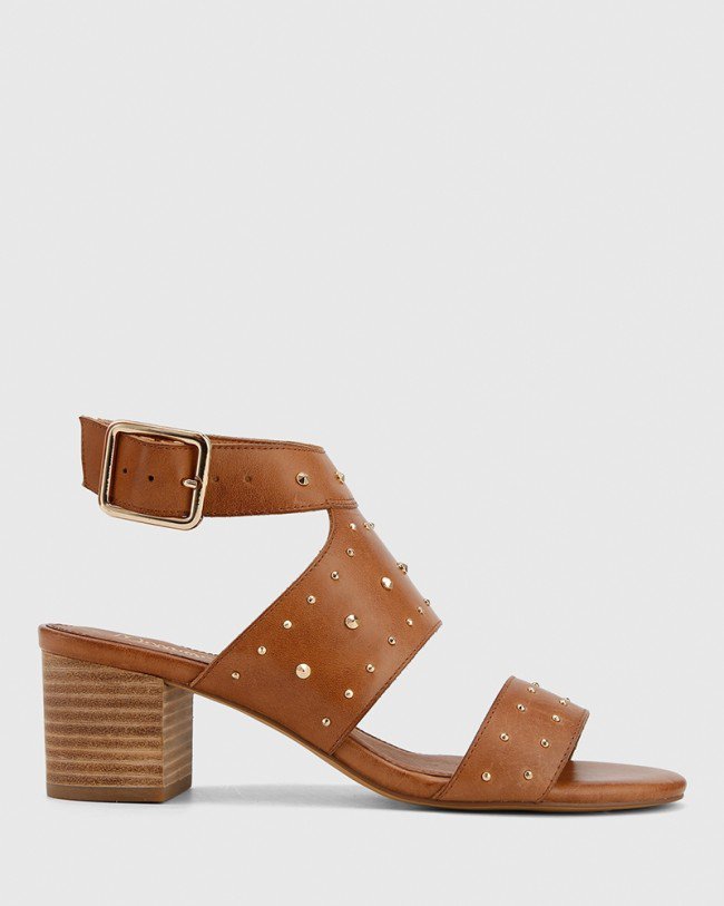 Wittner Alexandre Tan Leather Gold Stud Block Heel Sandal
