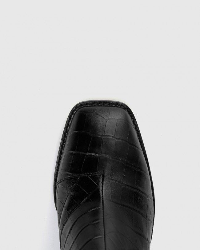 Wittner Sahara Black Croc Printed Leather Block Heel Ankle Boot
