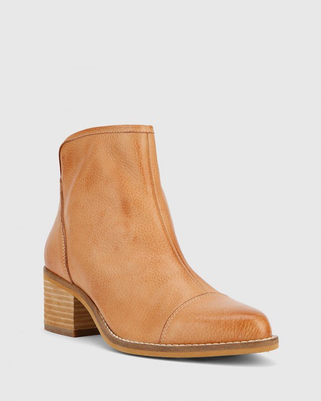 Wittner Jacey Tan Leather Block Heel Ankle Boot