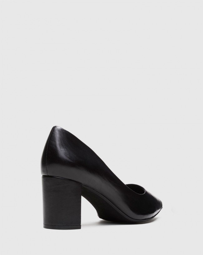 Wittner Dalena Black Leather Pointed Closed Toe Block Mid Heel