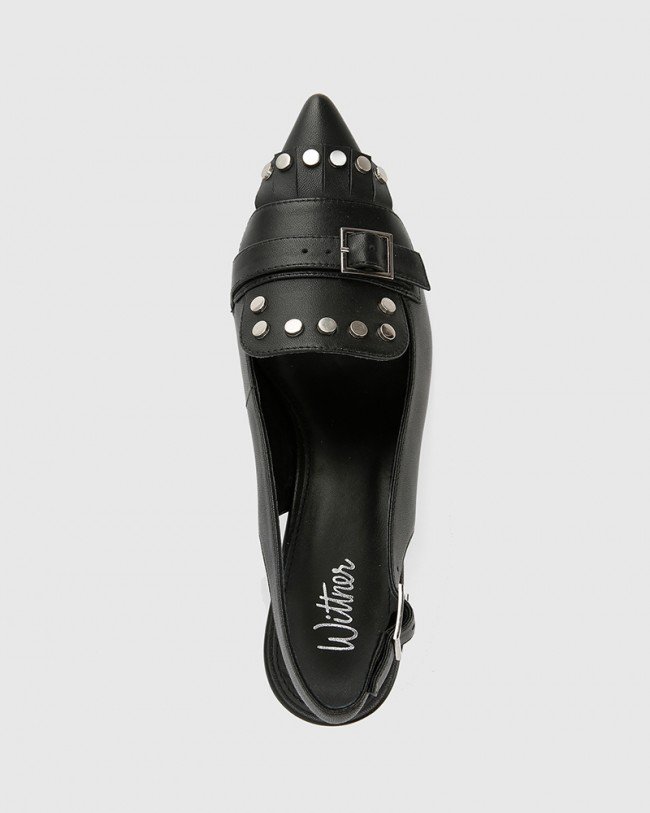 Wittner Danae Black Leather Stud Detail Slingback Heel