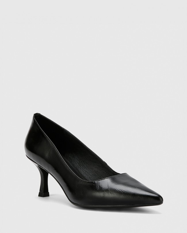 Wittner Daiko Black Vintage Patent Leather Stiletto Heel Point Toe