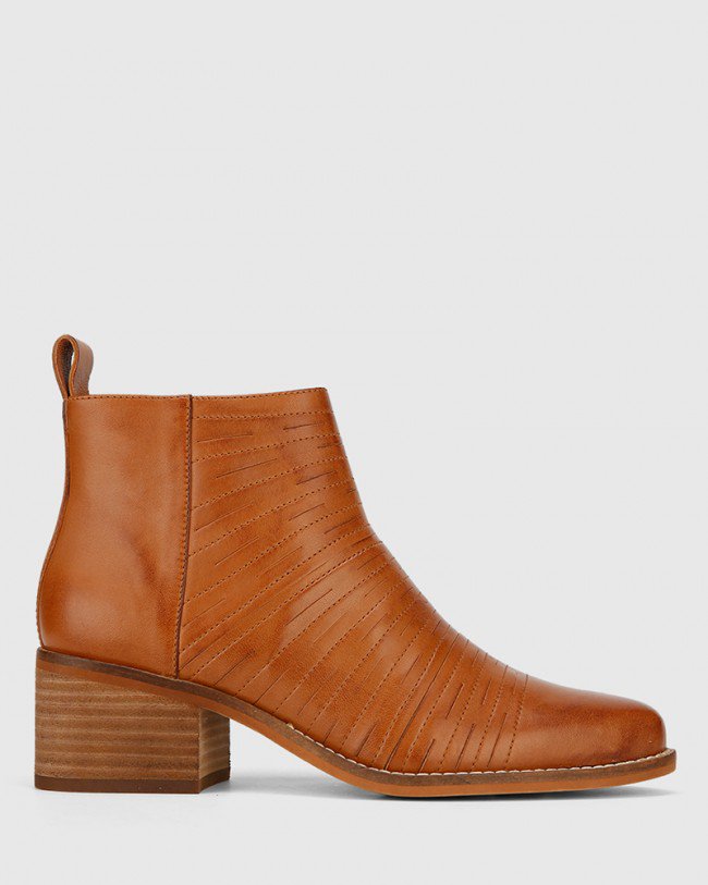 Wittner Jaylee Tan Leather Almond Toe Block Heel Ankle Boot