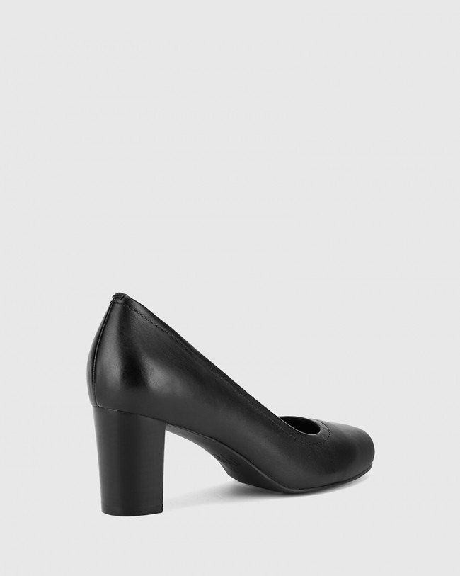 Wittner Keaton Black Leather Block Heel Almond Toe Pump