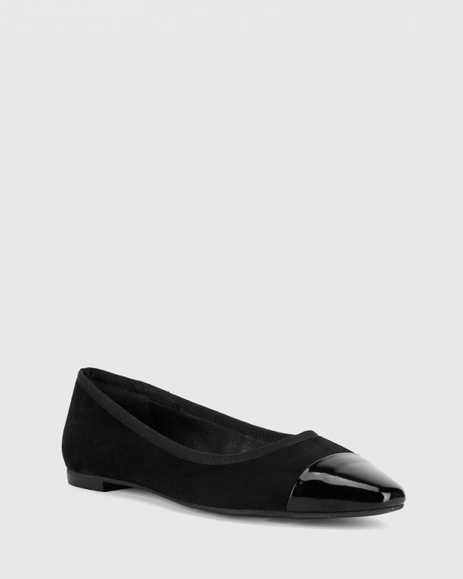 Wittner Ellie Black Suede/Patent Leather Flat Snib Toe Casual Shoe