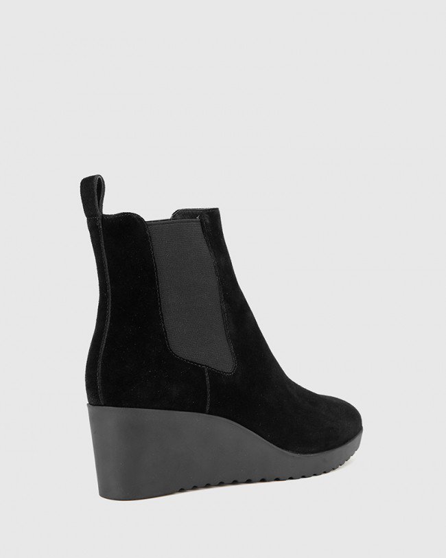 Wittner Patt Black Suede Leather Wedge Round Toe Ankle Boot