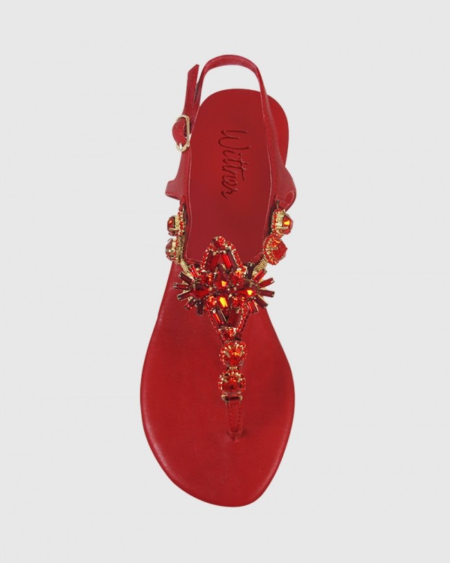 Wittner Sparkling Red Leather Jewel Detail Flat Sandal