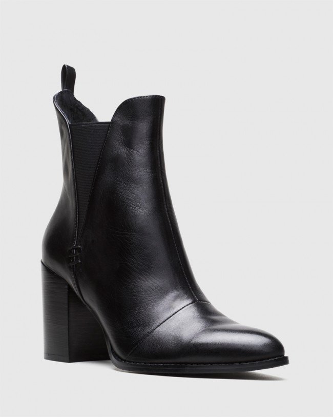 Wittner Honesty Black Leather Elasticated Gusset Block Heel Ankle Boot