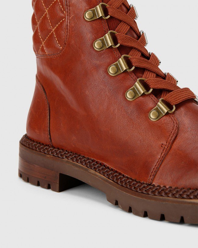 Wittner Bentleigh Rust Leather Quilted Collar Lace Up Ankle Boot