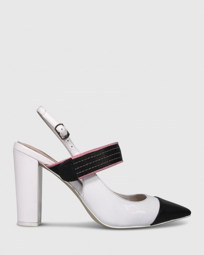 Wittner Huetta White And Black Leather Pink Strap Detail Block Heel