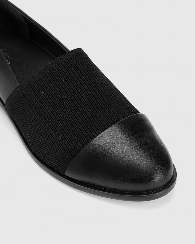 Wittner Janis Black Leather Stretch Knit Block Heel Loafer