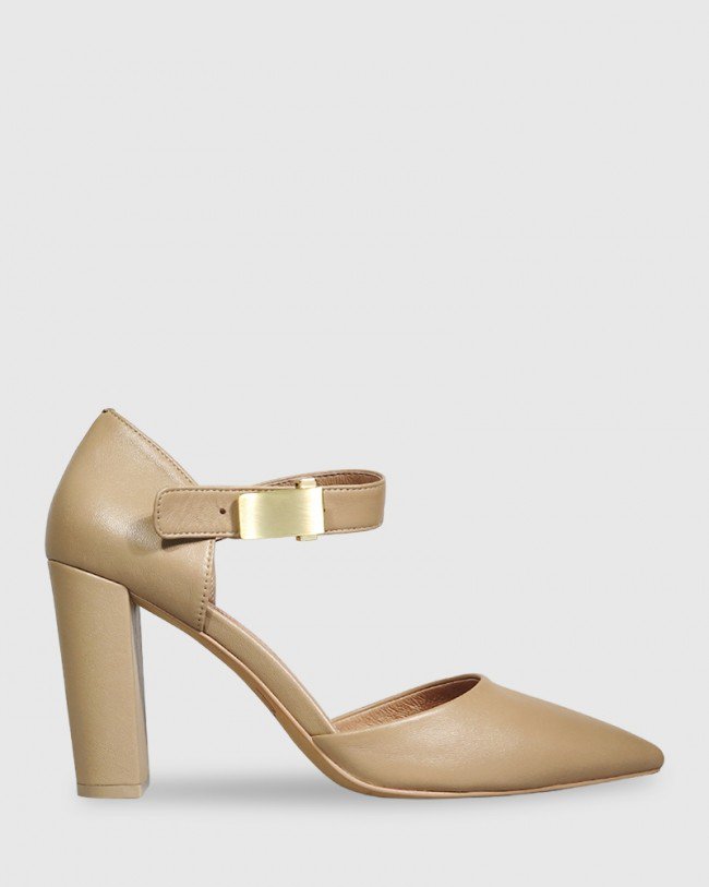 Wittner Heide Taupe Leather Pointed Toe Block Heel