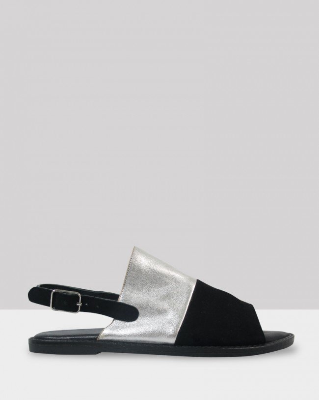 Wittner Kora Black Suede & Silver Leather Sling back Open Toe Sandal