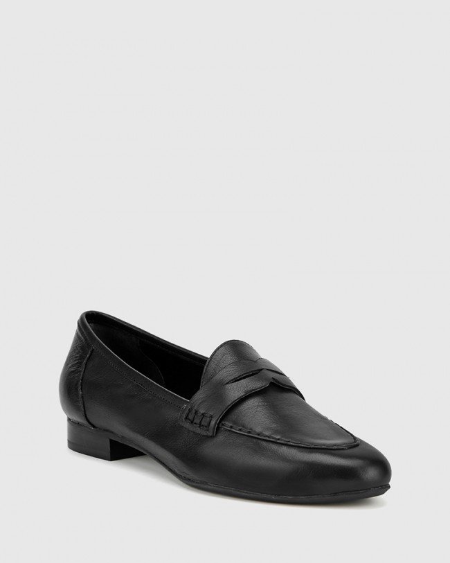 Wittner Austin Black Leather Almond Toe Flat Penny Loafer