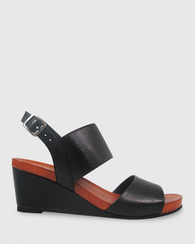 Wittner Marion Black Leather & Elastic Open Toe Wedge
